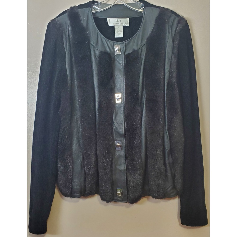 Vintage Lisa Black Sweater Jacket Leather Faux Fur Medium Turn Lock Buttons